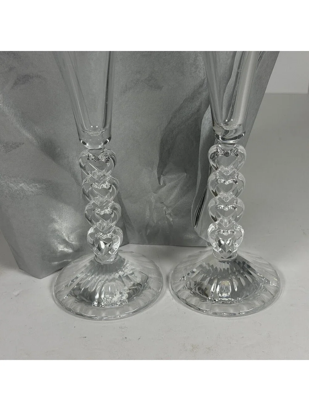 Set of 2 Clear Glass Champagne Flutes with Stacked Heart Stems - S-1